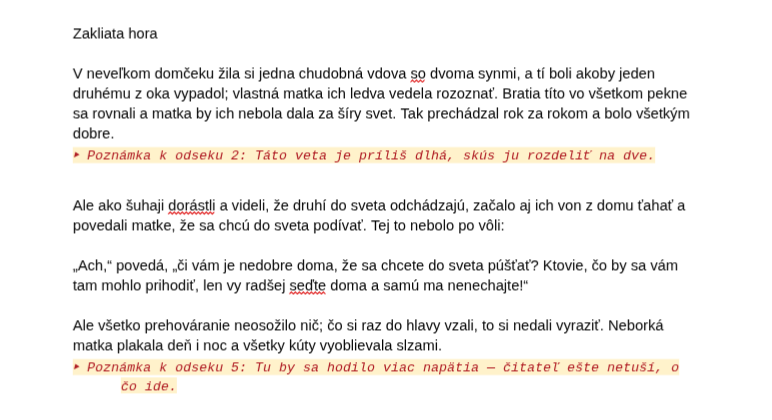 Google dokument: medzi odsekmi textu sú zvýraznené poznámky appky, každá hneď pod odsekom, ktorého sa týka.